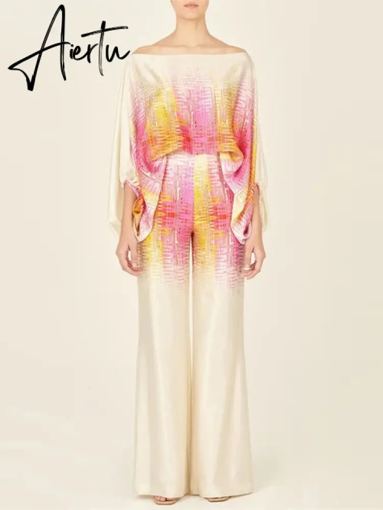 Satin Printing Off Shoulder Commuting Suits Fashion Tops Long Pants 2 Piece Sets  Women Spring Summer Loose Casual Outfits Aiertu