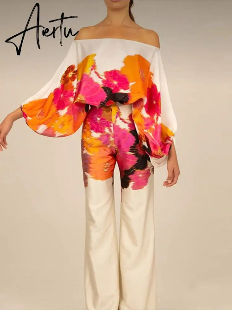 Satin Printing Off Shoulder Commuting Suits Fashion Tops Long Pants 2 Piece Sets  Women Spring Summer Loose Casual Outfits Aiertu