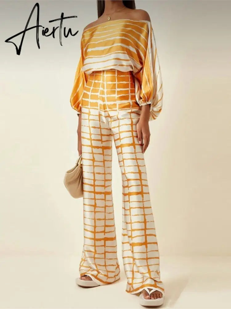 Satin Printing Off Shoulder Commuting Suits Fashion Tops Long Pants 2 Piece Sets  Women Spring Summer Loose Casual Outfits Aiertu