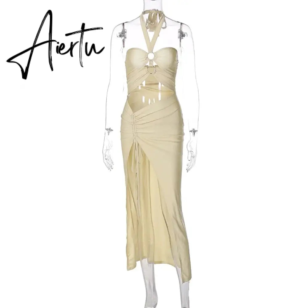 Satin Solid Halter Backless Draped Hollow Out Shirring Bandage Slim Maxi Prom Dress Sexy Summer Elegant Outfit Party Aiertu