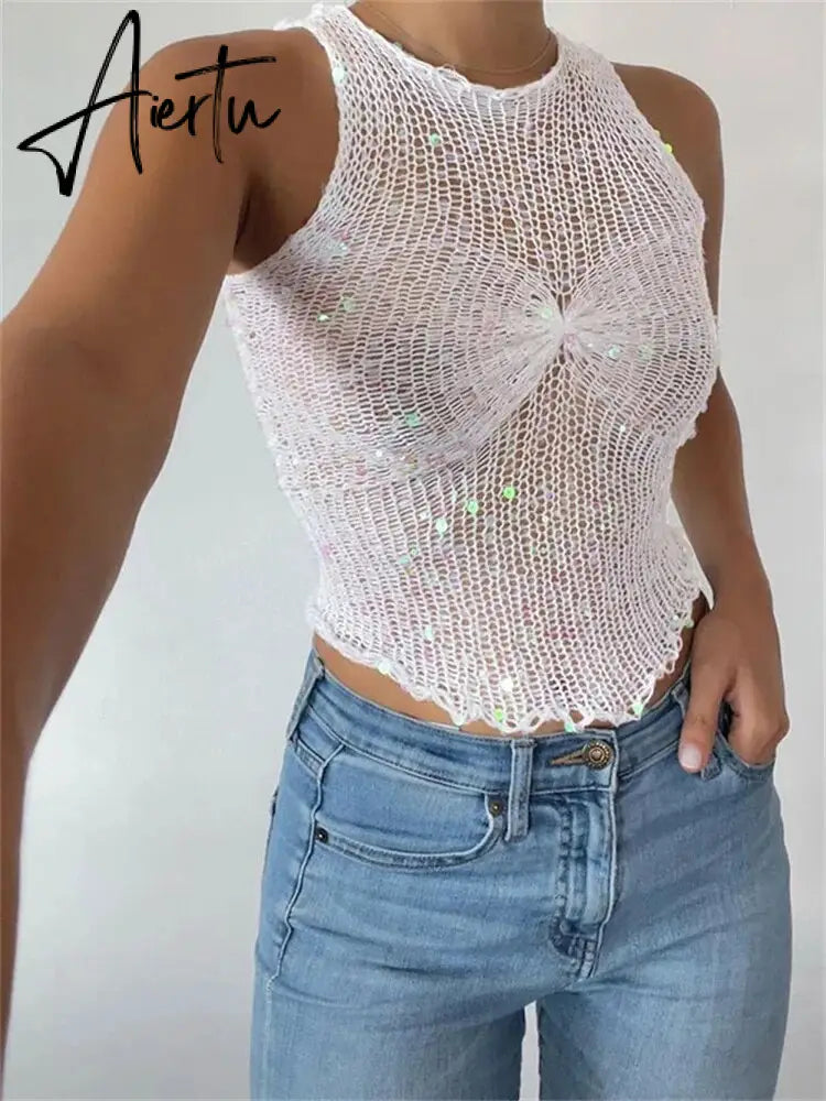 Sequin Mesh See-Through Vest Cute Sleeveless For Women Crop top Glitter Fashion Casual Streetwear Hollow Out Slim Tank Top Aiertu