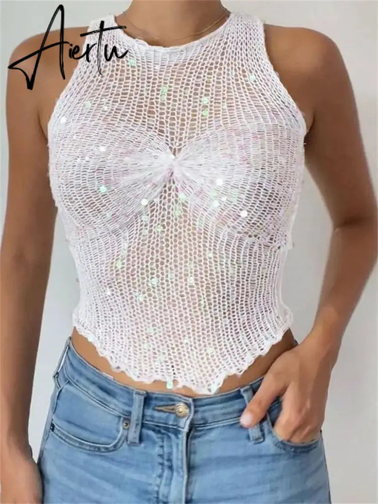 Sequin Mesh See-Through Vest Cute Sleeveless For Women Crop top Glitter Fashion Casual Streetwear Hollow Out Slim Tank Top Aiertu