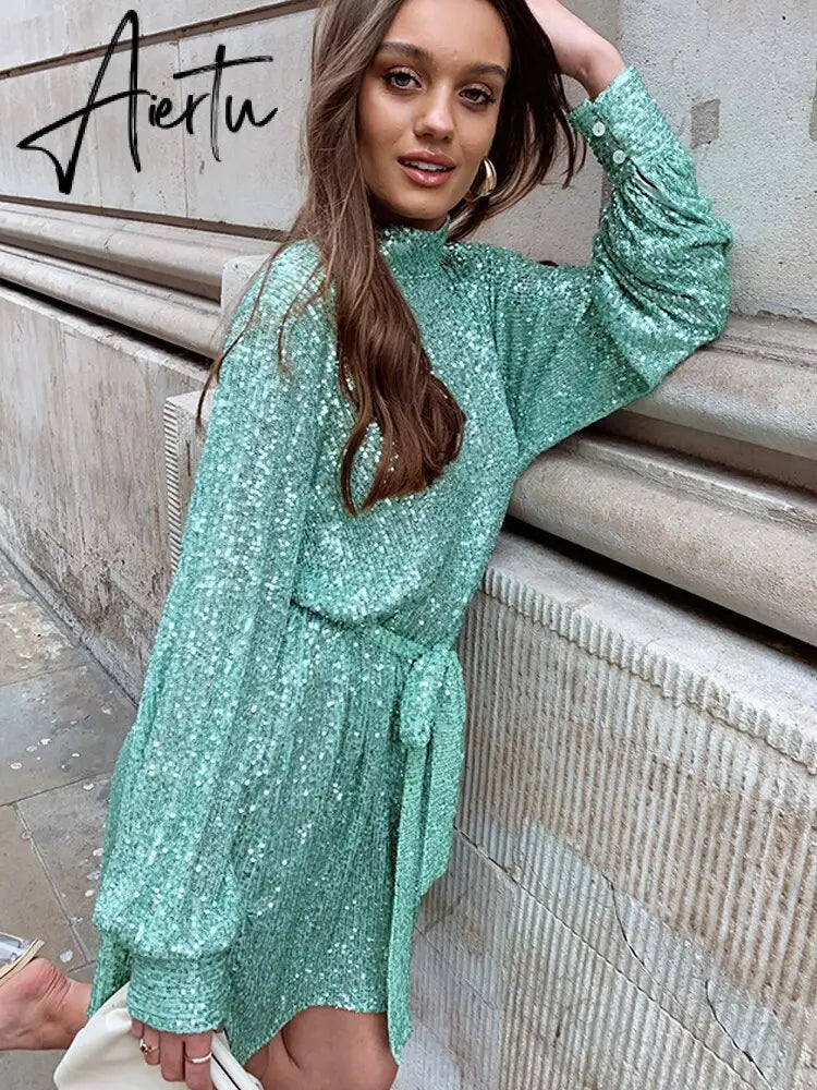 Sequins Women Lace Up Dress Green Turtleneck Long Sleeeve Midi Female Dresses  Autumn Winter Ruffle Party Club Lady Aiertu