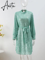 Sequins Women Lace Up Dress Green Turtleneck Long Sleeeve Midi Female Dresses  Autumn Winter Ruffle Party Club Lady Aiertu