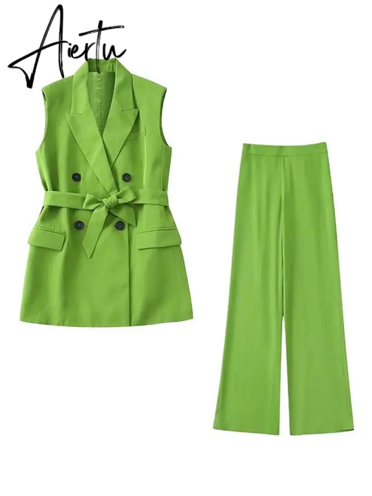 Set Woman 2 Pieces Summer Traf New Fashion With Belt Vest Coat + High Waist Pants Female Two-Piece Sets Womens Outifits Aiertu