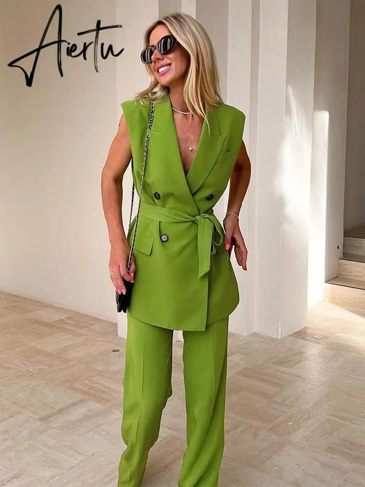Set Woman 2 Pieces Summer Traf New Fashion With Belt Vest Coat + High Waist Pants Female Two-Piece Sets Womens Outifits Aiertu