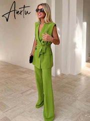 Set Woman 2 Pieces Summer Traf New Fashion With Belt Vest Coat + High Waist Pants Female Two-Piece Sets Womens Outifits Aiertu