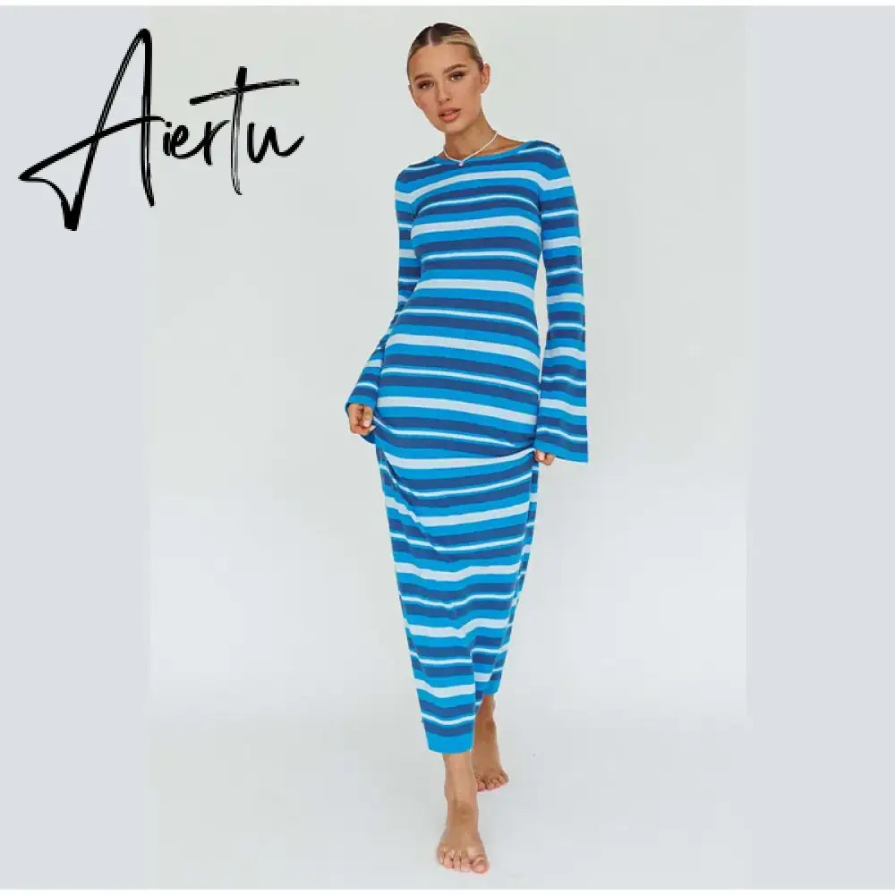 Sexy Backless Lace Up Women Striped Knitted Dress Fashion Slim O-neck Long Sleeve Midi Dresses Autumn Lady Chic Streetwear Aiertu