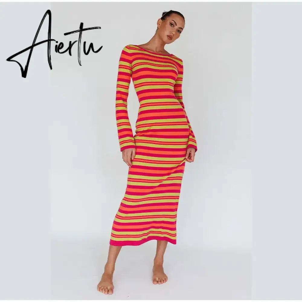 Sexy Backless Lace Up Women Striped Knitted Dress Fashion Slim O-neck Long Sleeve Midi Dresses Autumn Lady Chic Streetwear Aiertu