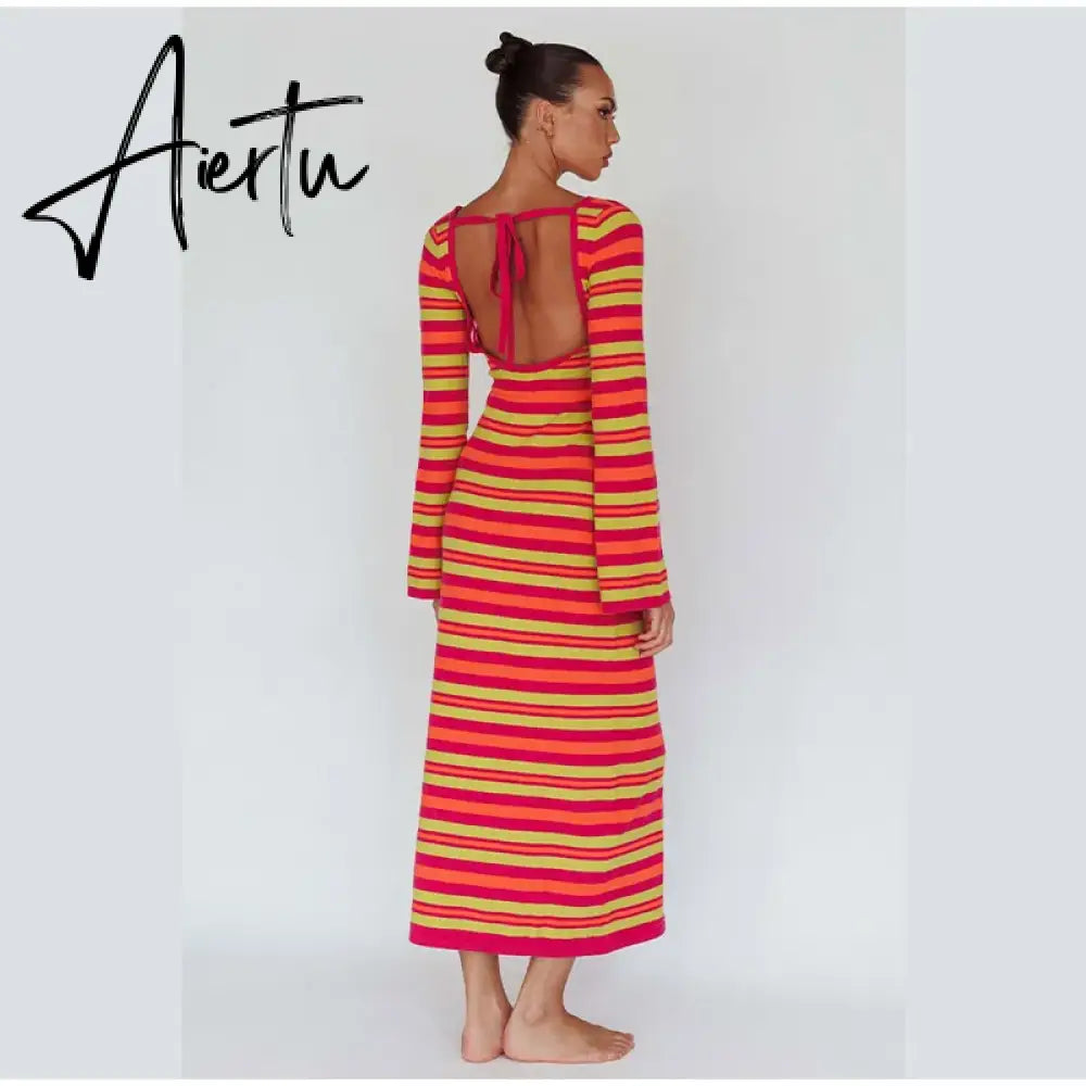 Sexy Backless Lace Up Women Striped Knitted Dress Fashion Slim O-neck Long Sleeve Midi Dresses Autumn Lady Chic Streetwear Aiertu