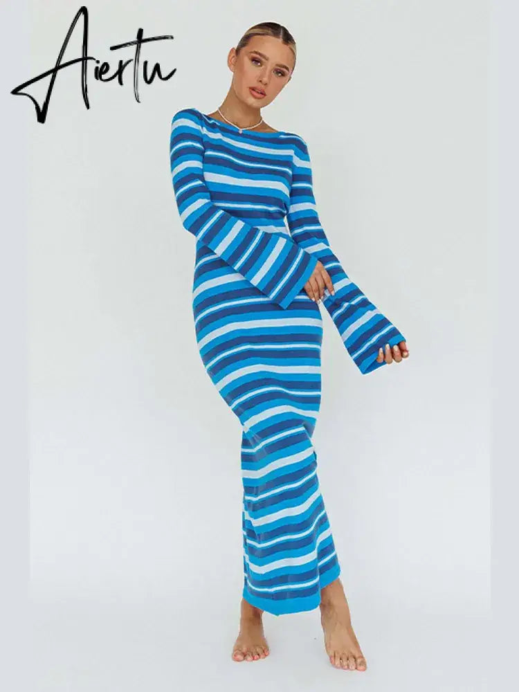 Sexy Backless Lace Up Women Striped Knitted Dress Fashion Slim O-neck Long Sleeve Midi Dresses Autumn Lady Chic Streetwear Aiertu