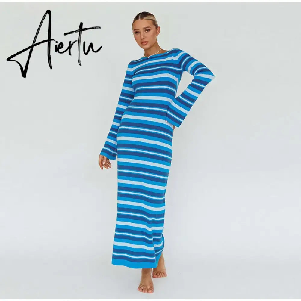 Sexy Backless Lace Up Women Striped Knitted Dress Fashion Slim O-neck Long Sleeve Midi Dresses Autumn Lady Chic Streetwear Aiertu