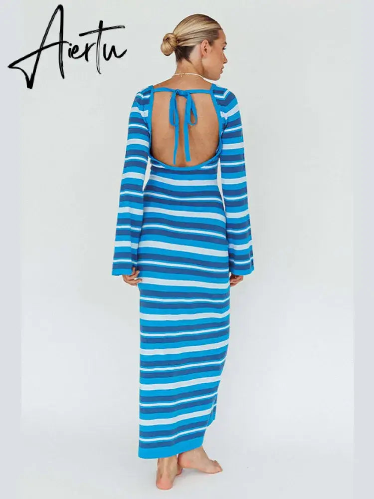 Sexy Backless Lace Up Women Striped Knitted Dress Fashion Slim O-neck Long Sleeve Midi Dresses Autumn Lady Chic Streetwear Aiertu