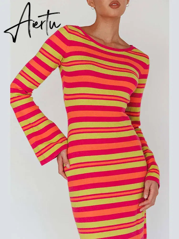 Sexy Backless Lace Up Women Striped Knitted Dress Fashion Slim O-neck Long Sleeve Midi Dresses Autumn Lady Chic Streetwear Aiertu