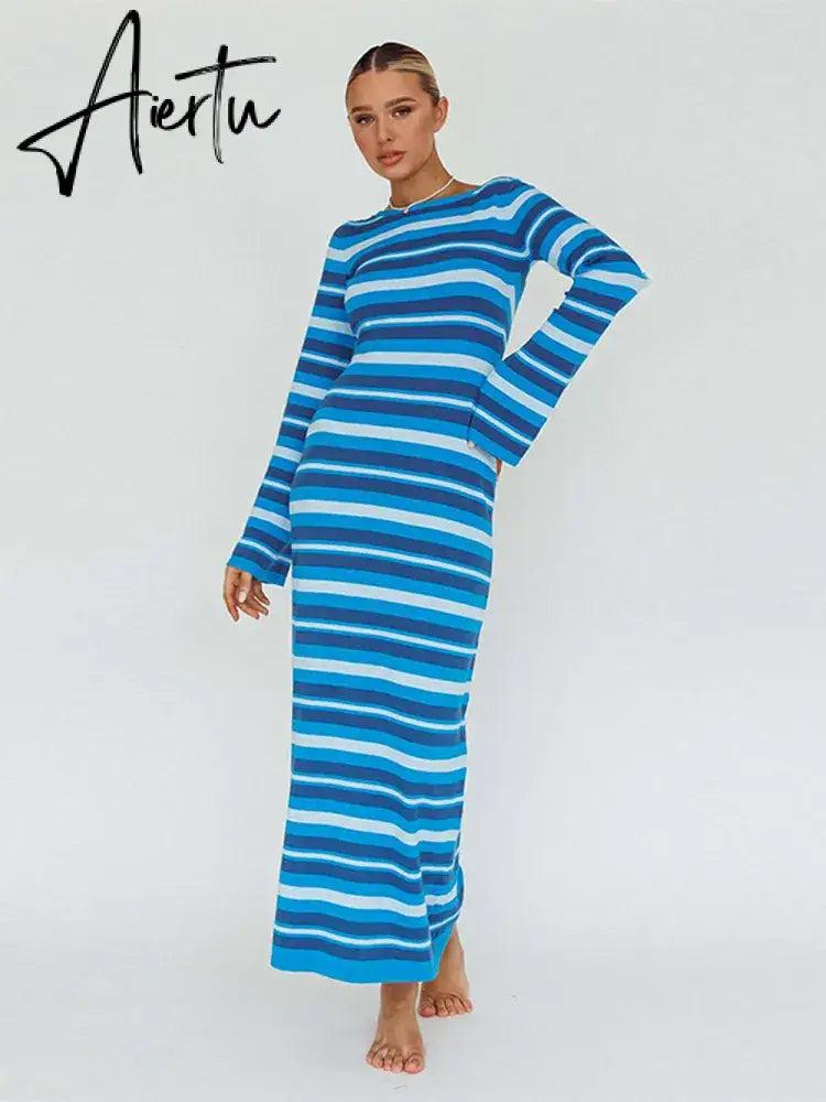 Sexy Backless Lace Up Women Striped Knitted Dress Fashion Slim O-neck Long Sleeve Midi Dresses Autumn Lady Chic Streetwear Aiertu