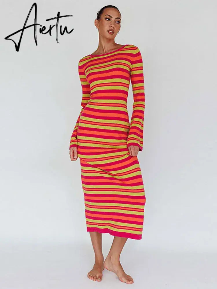 Sexy Backless Lace Up Women Striped Knitted Dress Fashion Slim O-neck Long Sleeve Midi Dresses Autumn Lady Chic Streetwear Aiertu