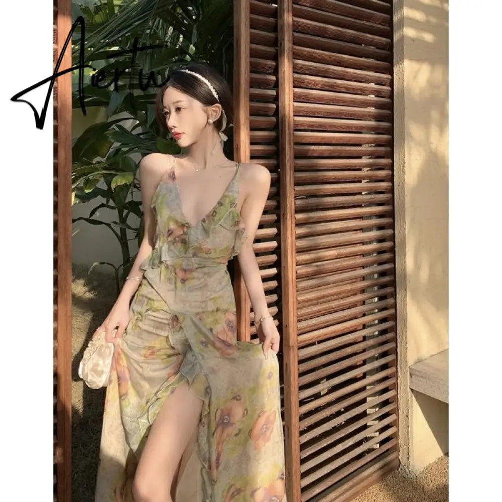 Sexy Backless Slit Straps Prom Long Dresses for Women's Party Evening Print Bodycon Slip Maxi Dress Summer Woman Elegant Robes Aiertu
