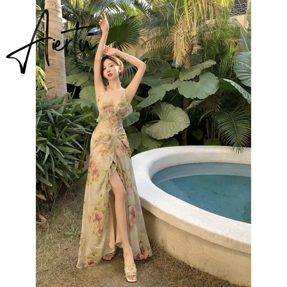 Sexy Backless Slit Straps Prom Long Dresses for Women's Party Evening Print Bodycon Slip Maxi Dress Summer Woman Elegant Robes Aiertu