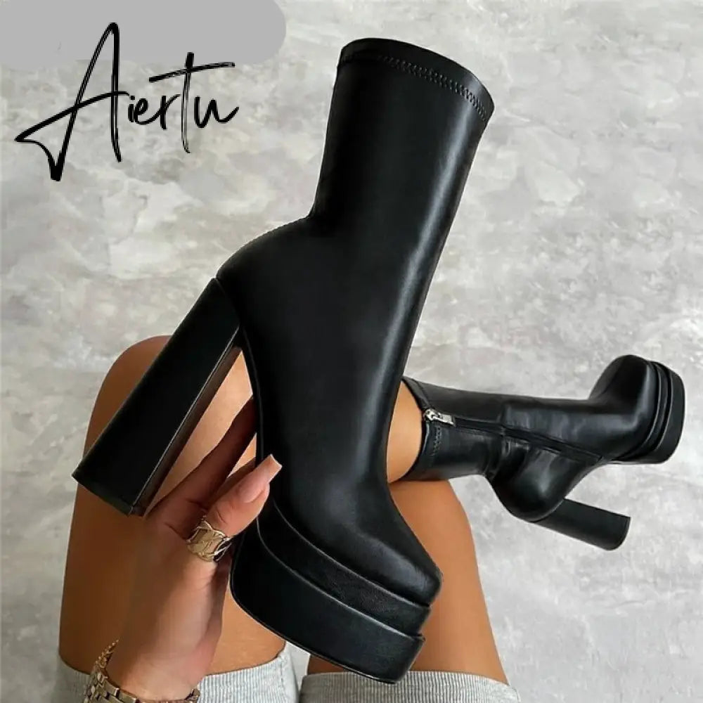 Sexy Chunky High Heels Ankle Shoes For Women Punk Style Zipper Thick Platform Elasticity Microfiber Boots Sapatos Femininos Aiertu