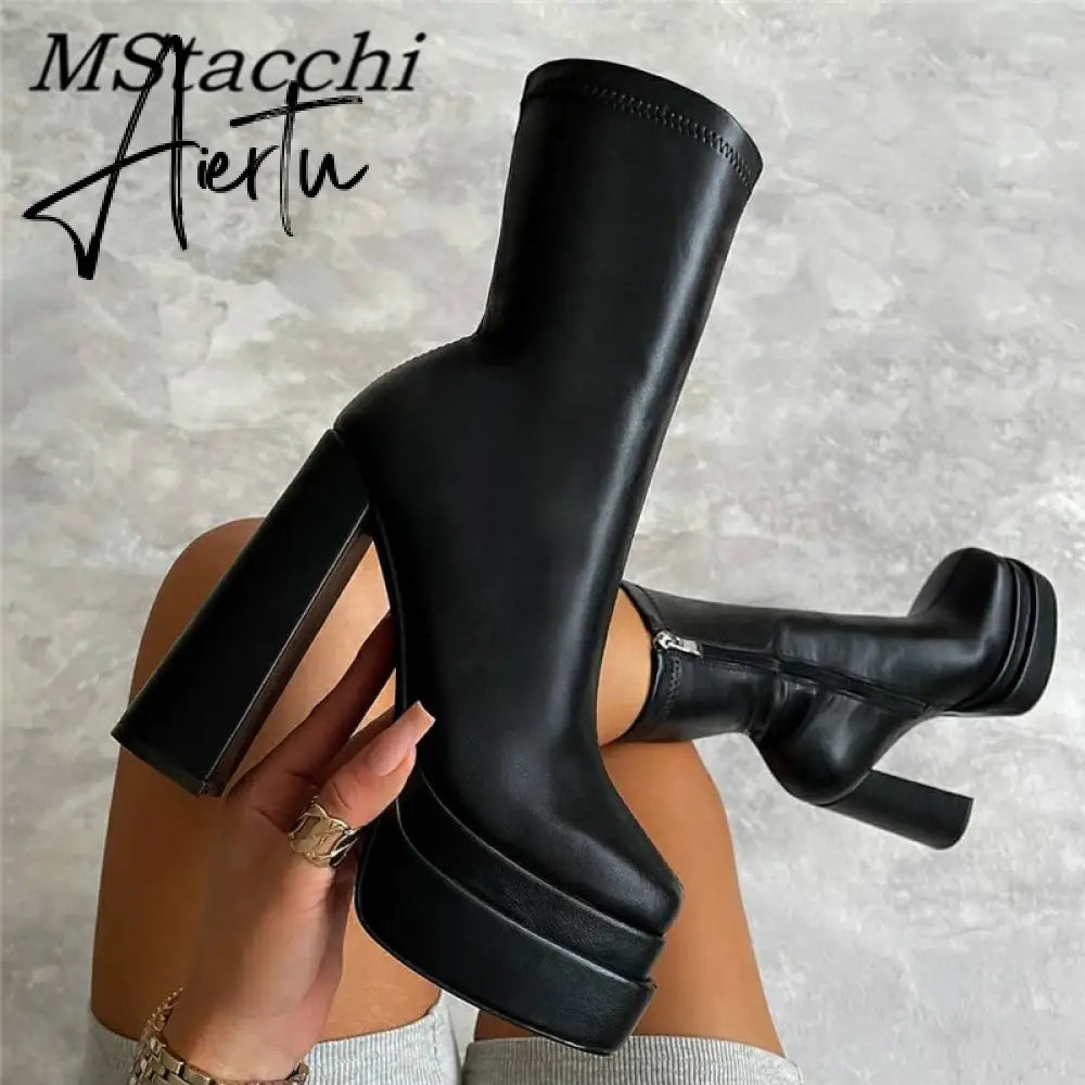Sexy Chunky High Heels Ankle Shoes For Women Punk Style Zipper Thick Platform Elasticity Microfiber Boots Sapatos Femininos Aiertu