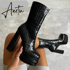 Sexy Chunky High Heels Ankle Shoes For Women Punk Style Zipper Thick Platform Elasticity Microfiber Boots Sapatos Femininos Aiertu