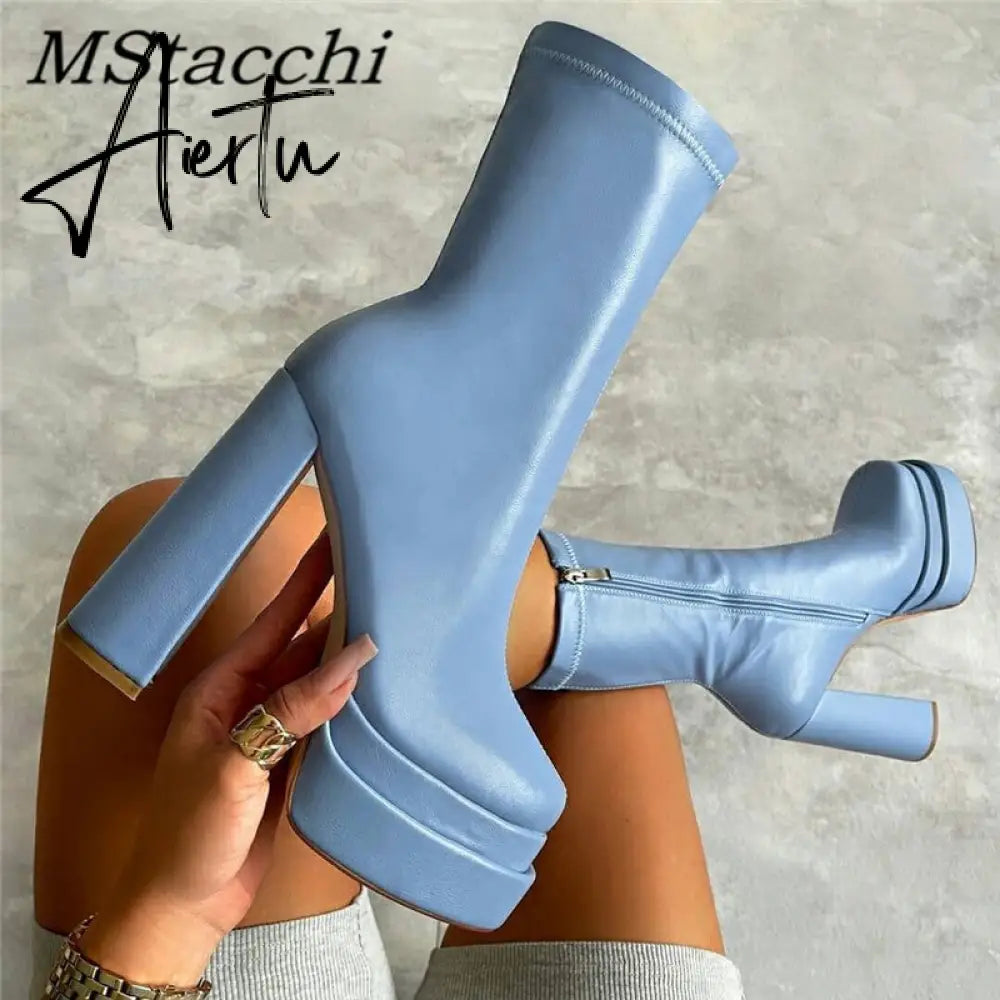 Sexy Chunky High Heels Ankle Shoes For Women Punk Style Zipper Thick Platform Elasticity Microfiber Boots Sapatos Femininos Aiertu
