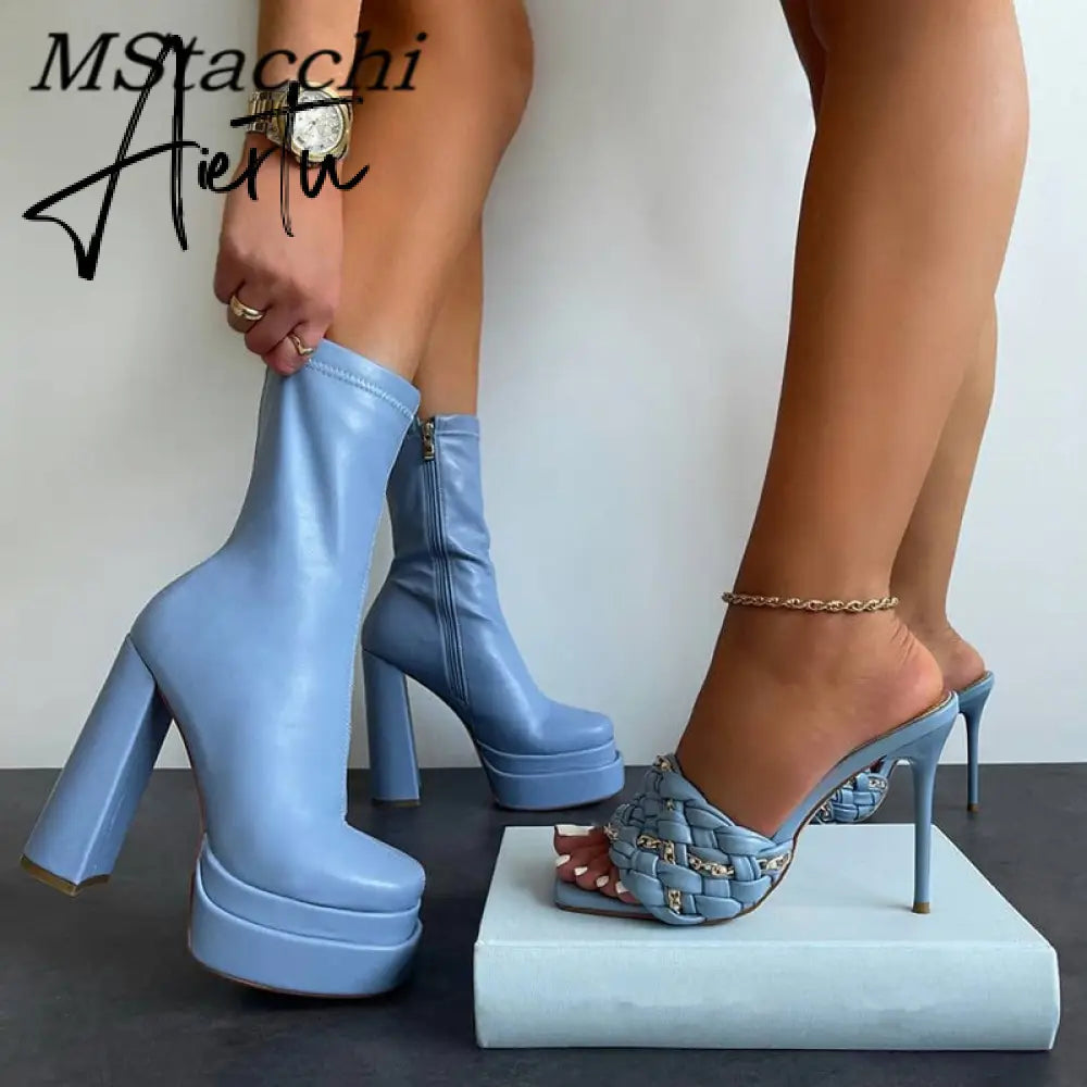 Sexy Chunky High Heels Ankle Shoes For Women Punk Style Zipper Thick Platform Elasticity Microfiber Boots Sapatos Femininos Aiertu