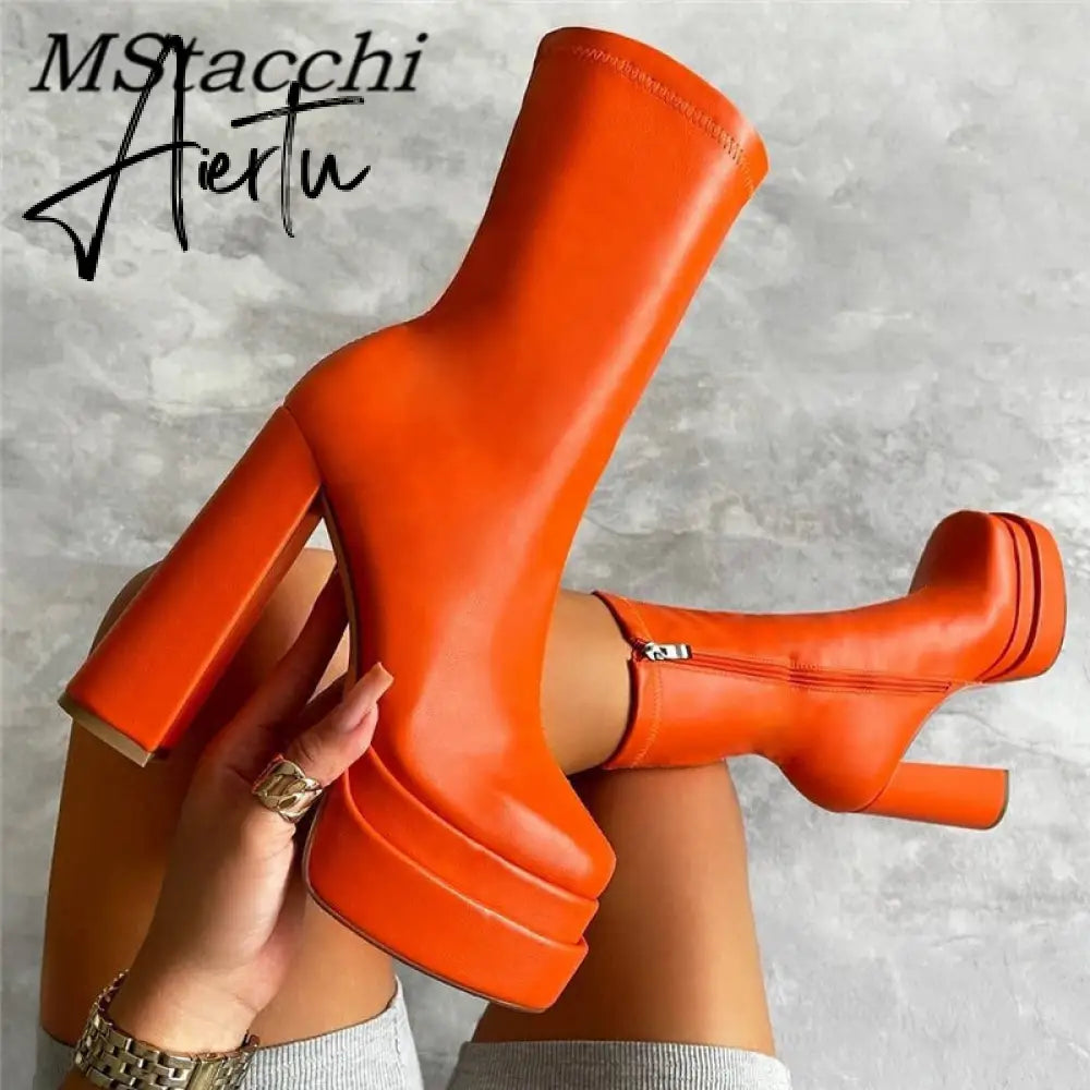 Sexy Chunky High Heels Ankle Shoes For Women Punk Style Zipper Thick Platform Elasticity Microfiber Boots Sapatos Femininos Aiertu