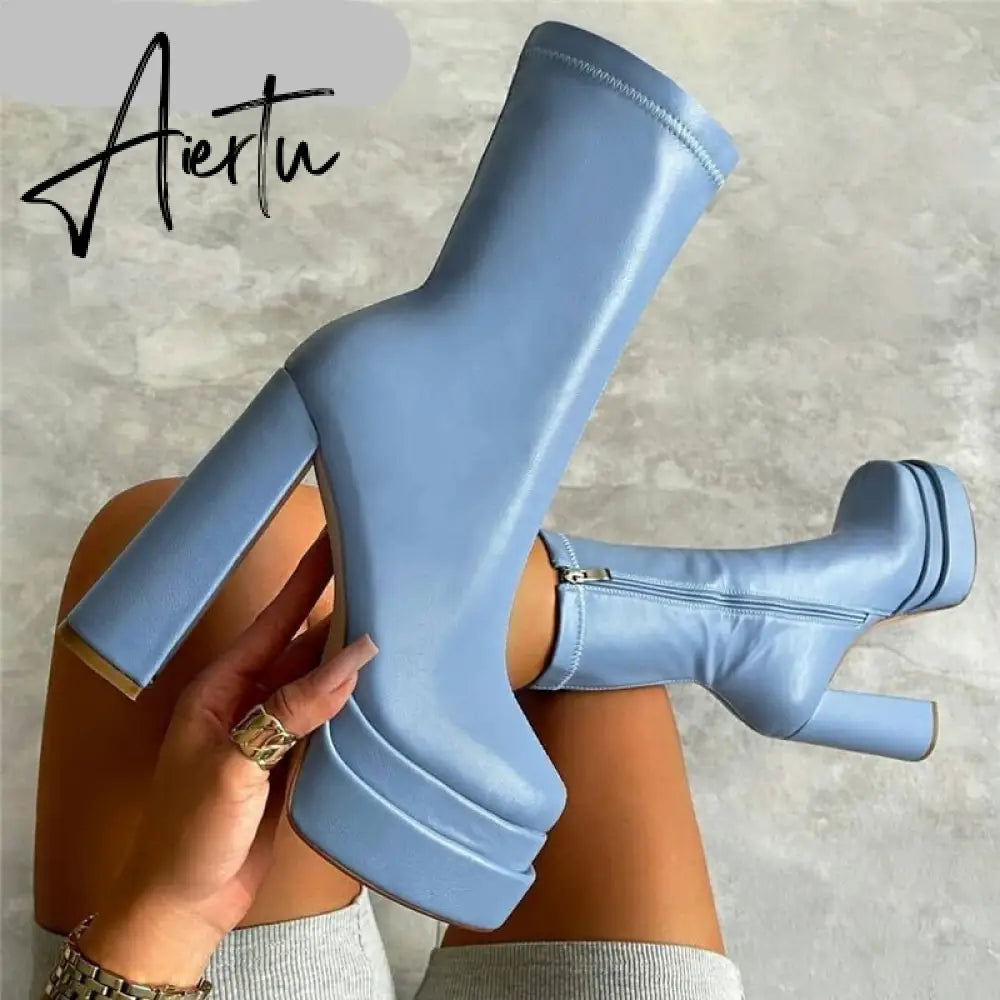 Sexy Chunky High Heels Ankle Shoes For Women Punk Style Zipper Thick Platform Elasticity Microfiber Boots Sapatos Femininos Aiertu
