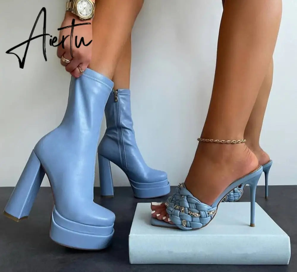 Sexy Chunky High Heels Ankle Shoes For Women Punk Style Zipper Thick Platform Elasticity Microfiber Boots Sapatos Femininos Aiertu