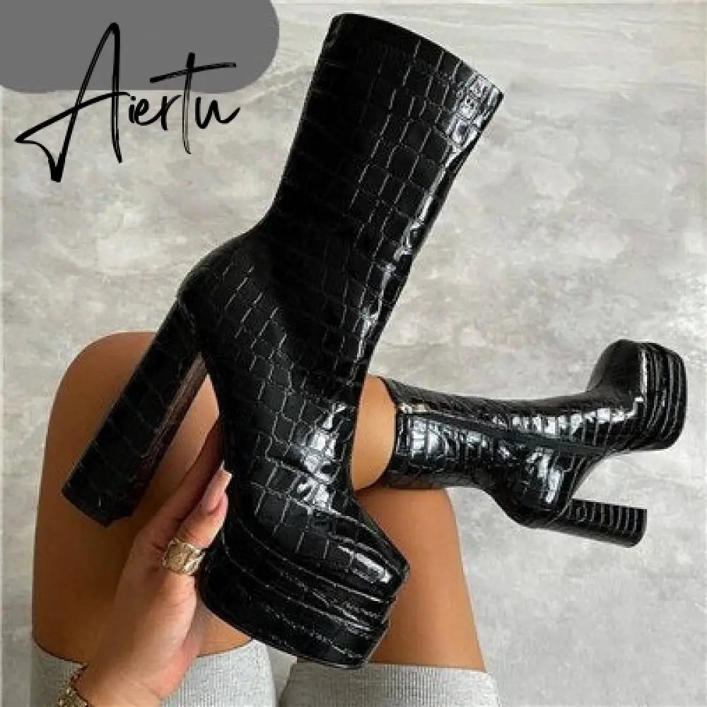 Sexy Chunky High Heels Ankle Shoes For Women Punk Style Zipper Thick Platform Elasticity Microfiber Boots Sapatos Femininos Aiertu
