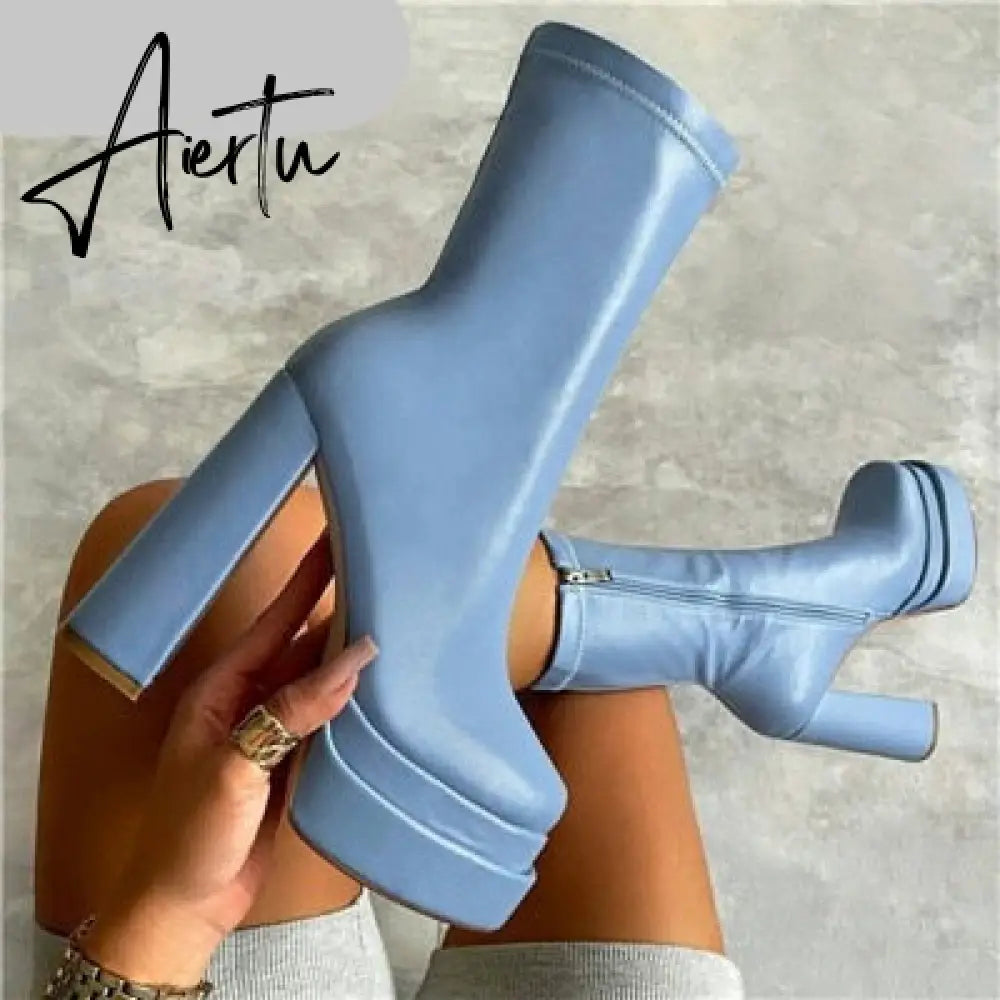 Sexy Chunky High Heels Ankle Shoes For Women Punk Style Zipper Thick Platform Elasticity Microfiber Boots Sapatos Femininos Aiertu