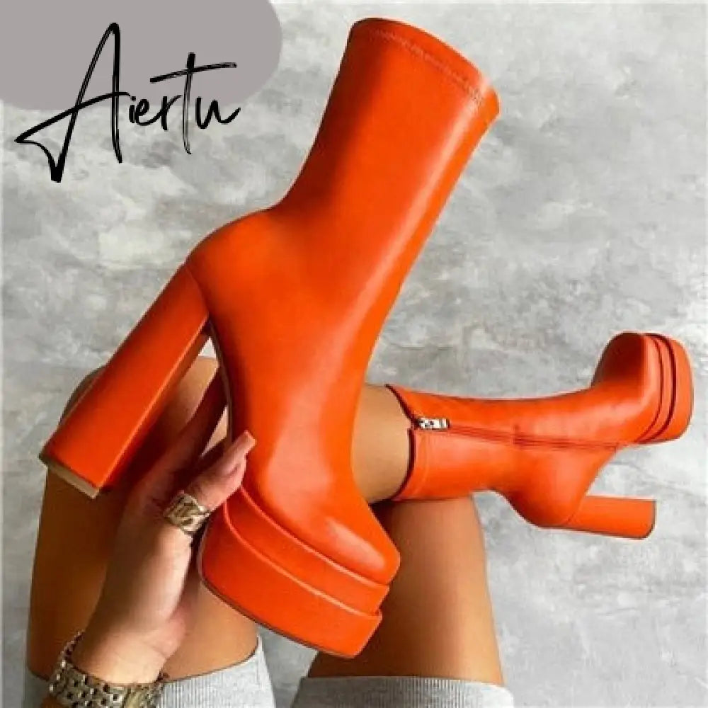 Sexy Chunky High Heels Ankle Shoes For Women Punk Style Zipper Thick Platform Elasticity Microfiber Boots Sapatos Femininos Aiertu