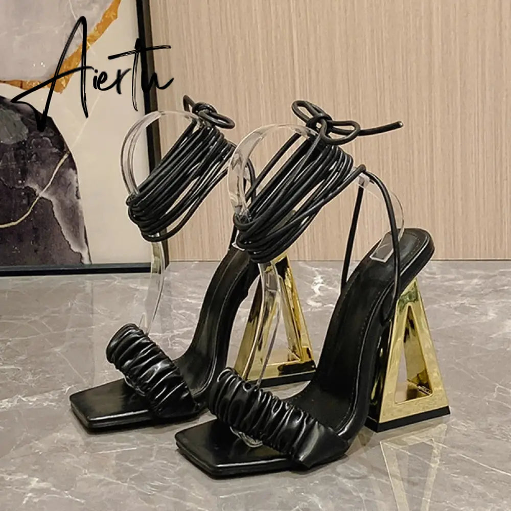 Sexy Cross Ankle Strap Women's Fretwork Heels Sandals Summer Fashion White Pleated Leather Square Toe Party Stripper Shoes Aiertu