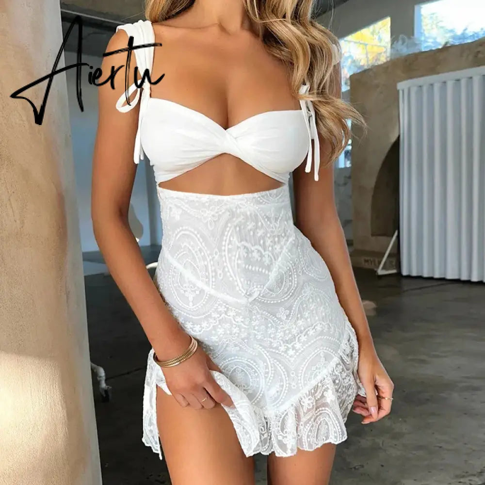 Sexy Cut Out Embellished Lace Trim Mini Dress Outfits for Women A-Line Backless Elegant Bandage Dresses Clothes Aiertu