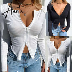 Sexy Deep V Neck Solid Women Blouse Shirts Elegant Rib Knitted Long Sleeve Tops Pullover Autumn Lady Hollow Out Slim Zip Blouses Aiertu