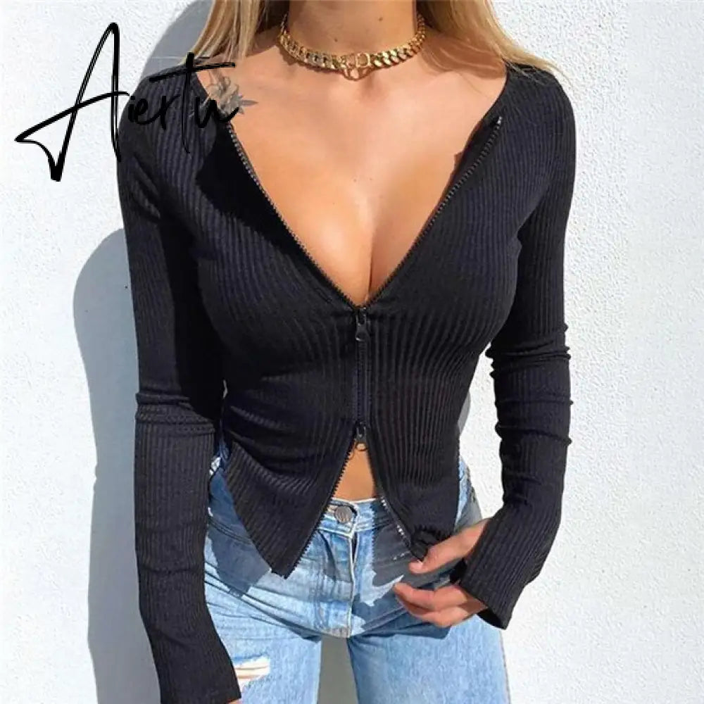 Sexy Deep V Neck Solid Women Blouse Shirts Elegant Rib Knitted Long Sleeve Tops Pullover Autumn Lady Hollow Out Slim Zip Blouses Aiertu