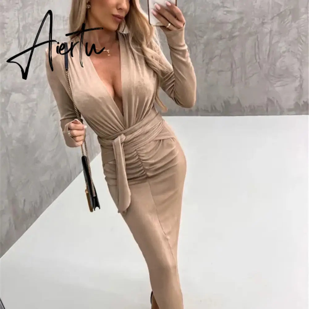 Sexy Deep V Strap Bandage Slim Long Dress Autumn Elegant Temperament Evening Party Dresses Velvet Drape Solid Sheath Women Dress Aiertu