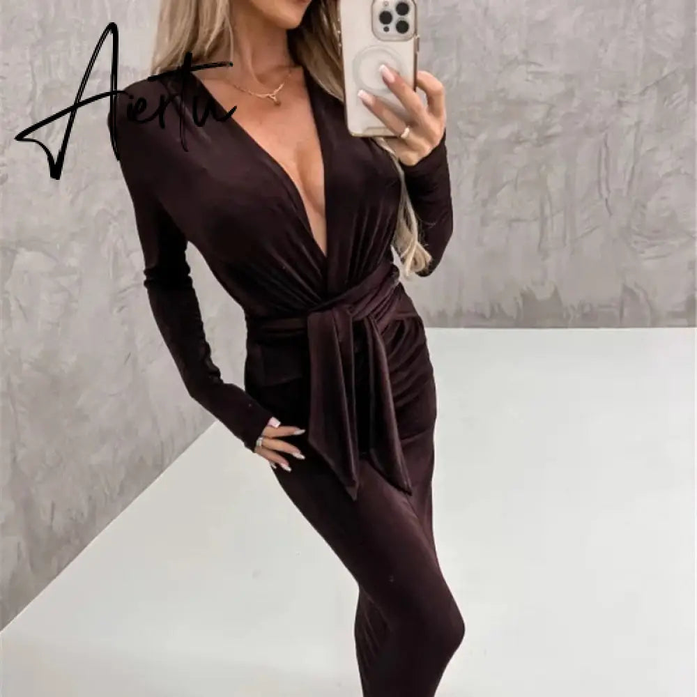 Sexy Deep V Strap Bandage Slim Long Dress Autumn Elegant Temperament Evening Party Dresses Velvet Drape Solid Sheath Women Dress Aiertu