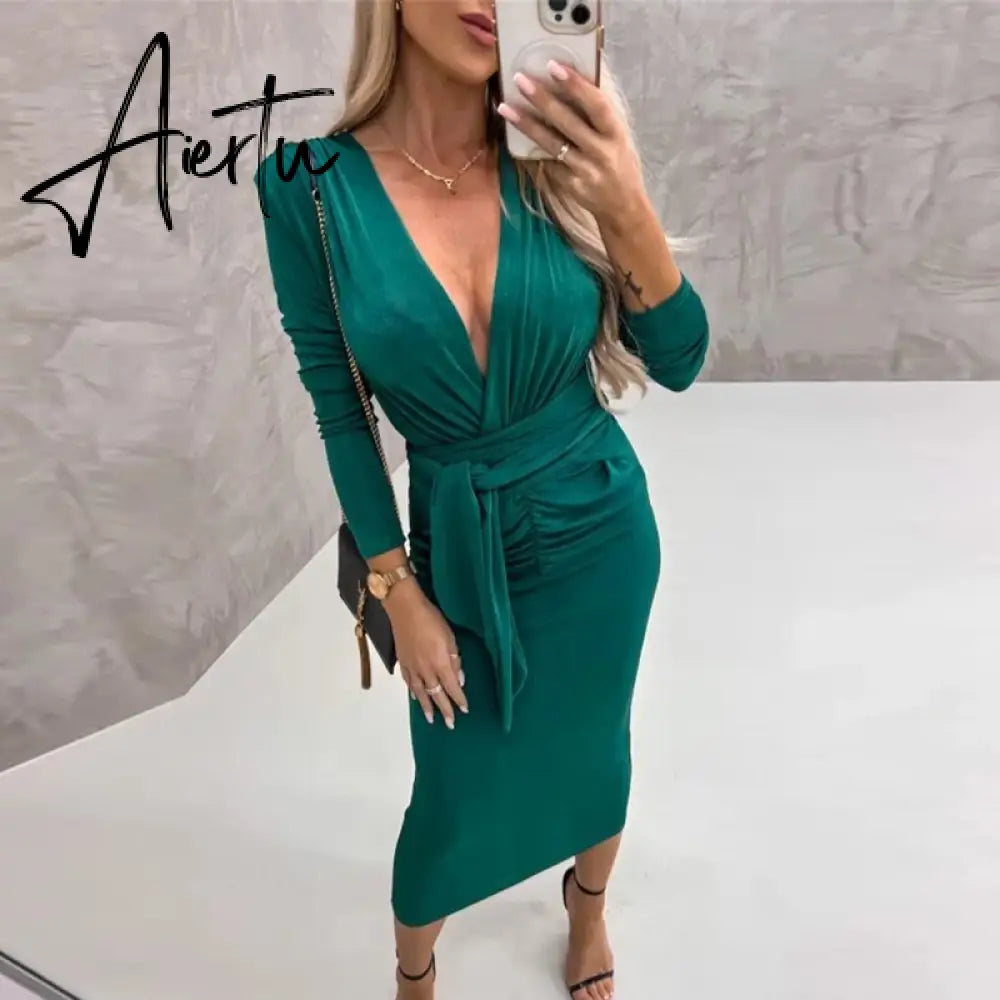 Sexy Deep V Strap Bandage Slim Long Dress Autumn Elegant Temperament Evening Party Dresses Velvet Drape Solid Sheath Women Dress Aiertu
