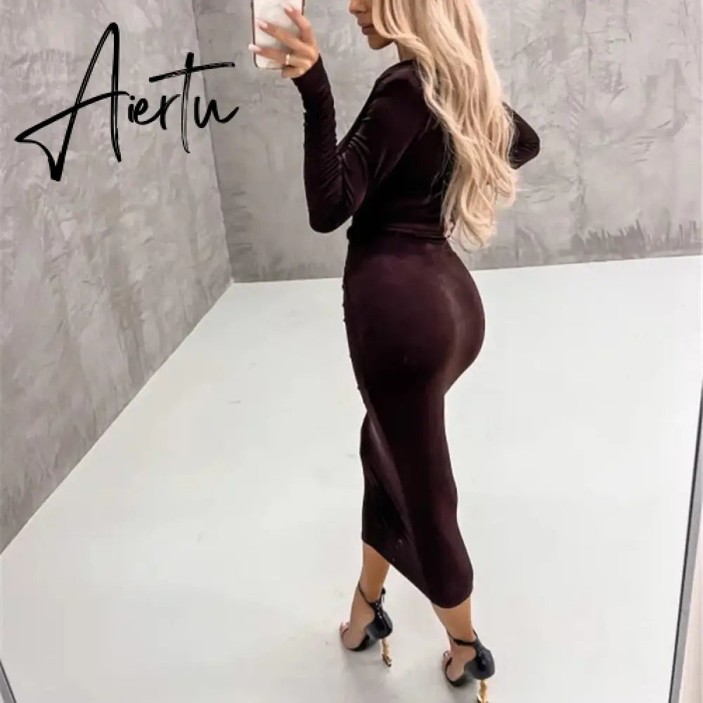 Sexy Deep V Strap Bandage Slim Long Dress Autumn Elegant Temperament Evening Party Dresses Velvet Drape Solid Sheath Women Dress Aiertu