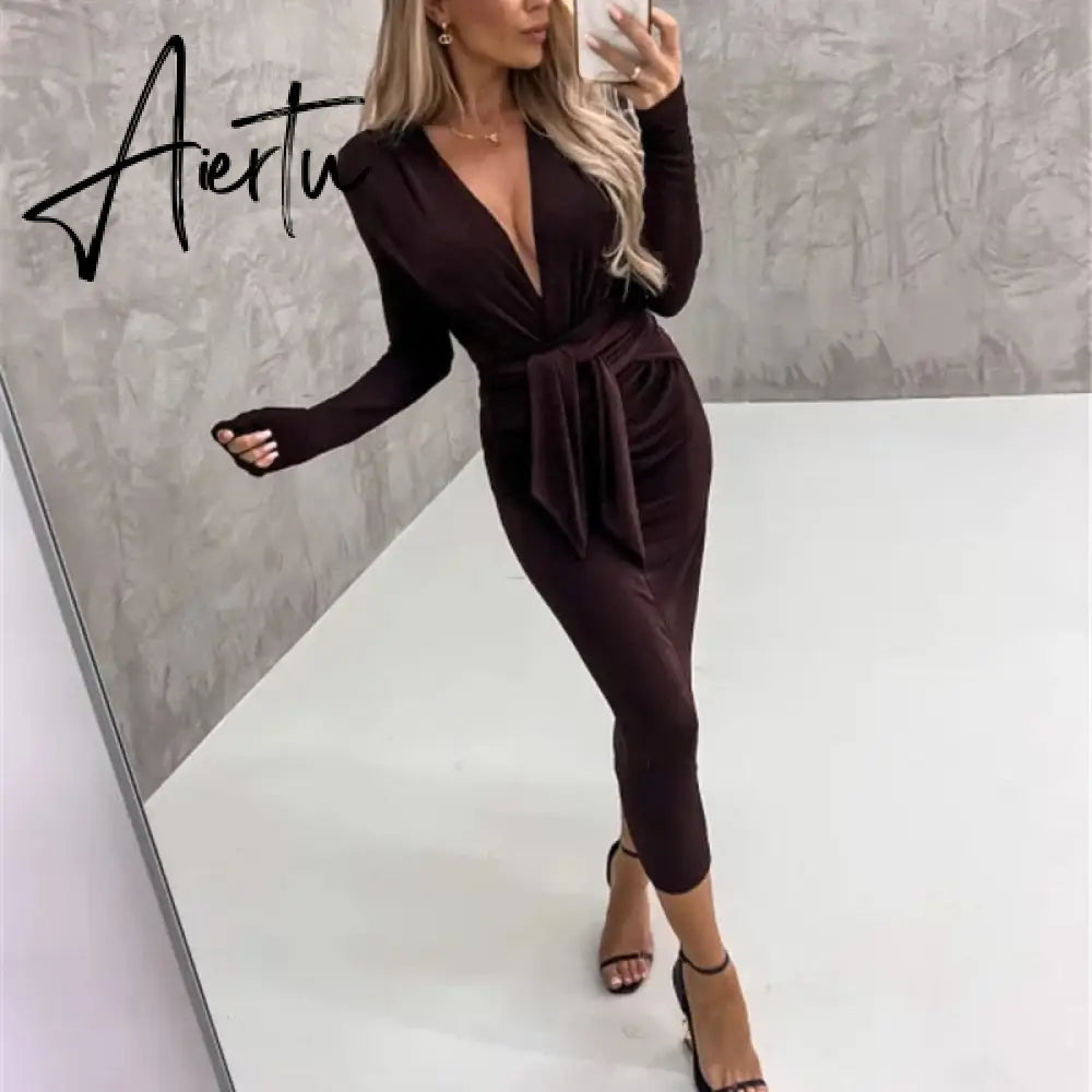Sexy Deep V Strap Bandage Slim Long Dress Autumn Elegant Temperament Evening Party Dresses Velvet Drape Solid Sheath Women Dress Aiertu