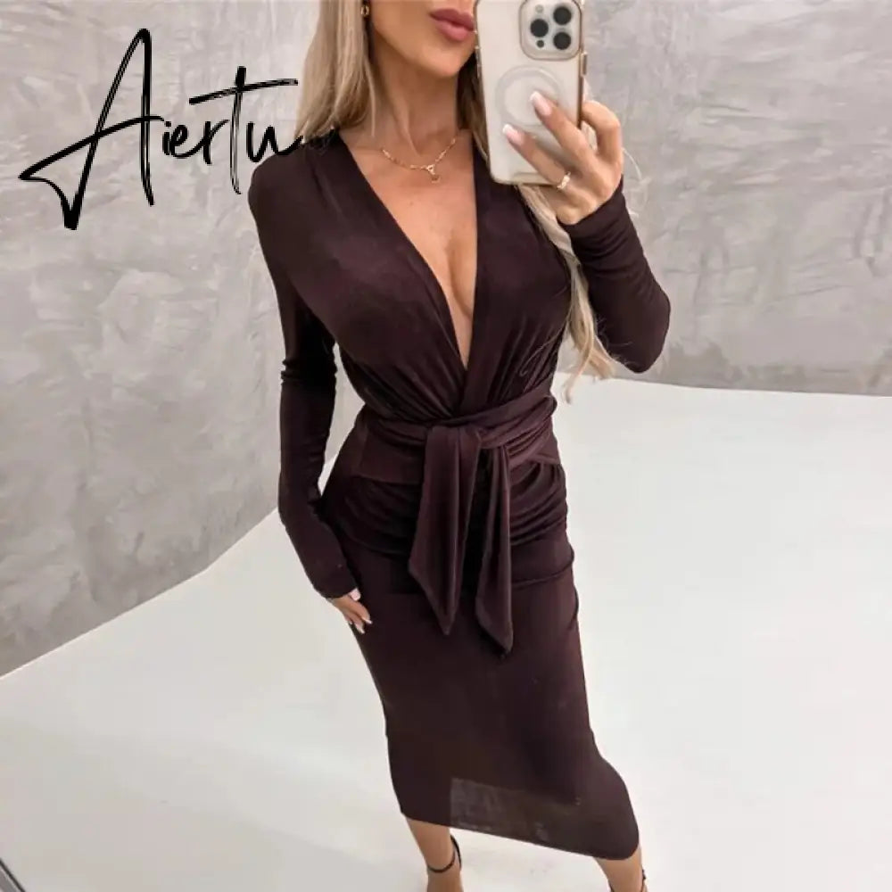 Sexy Deep V Strap Bandage Slim Long Dress Autumn Elegant Temperament Evening Party Dresses Velvet Drape Solid Sheath Women Dress Aiertu