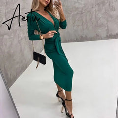 Sexy Deep V Strap Bandage Slim Long Dress Autumn Elegant Temperament Evening Party Dresses Velvet Drape Solid Sheath Women Dress Aiertu