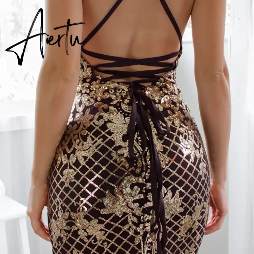Sexy Dress Suspender Temperament Summer Sleeveless  Birthday  Ball  Split  Evening Dress Gold Sequined Fishtail Dresses Aiertu