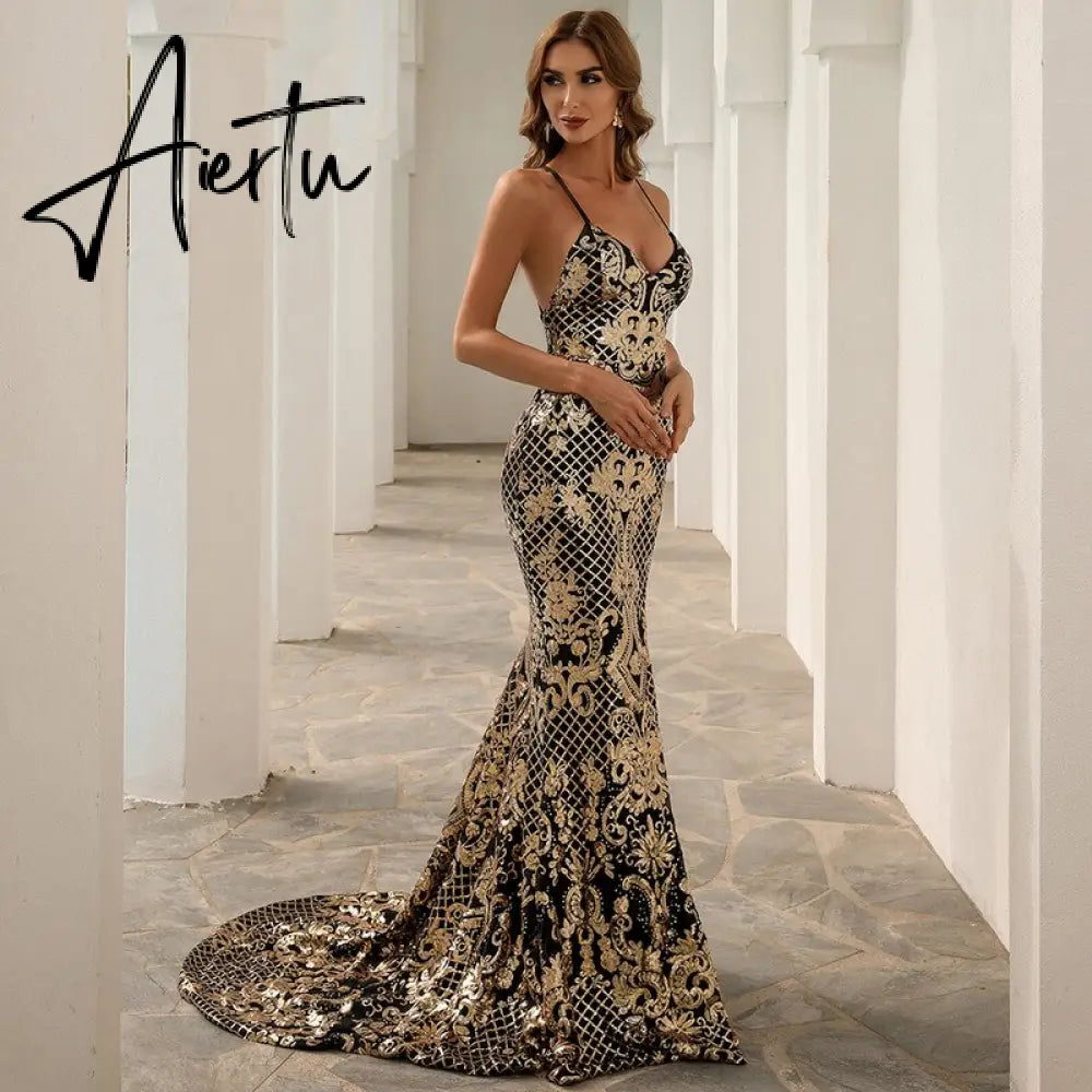 Sexy Dress Suspender Temperament Summer Sleeveless  Birthday  Ball  Split  Evening Dress Gold Sequined Fishtail Dresses Aiertu