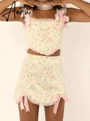 Sexy Floral Print Bow Cross Lacing up Back Corset Wood ears Crop Top + High Waist Ribbon Asymmetric Mini Skirt 2 pieces 1 set Aiertu