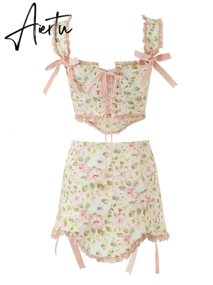 Sexy Floral Print Bow Cross Lacing up Back Corset Wood ears Crop Top + High Waist Ribbon Asymmetric Mini Skirt 2 pieces 1 set Aiertu