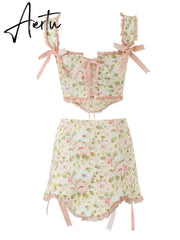 Sexy Floral Print Bow Cross Lacing up Back Corset Wood ears Crop Top + High Waist Ribbon Asymmetric Mini Skirt 2 pieces 1 set Aiertu