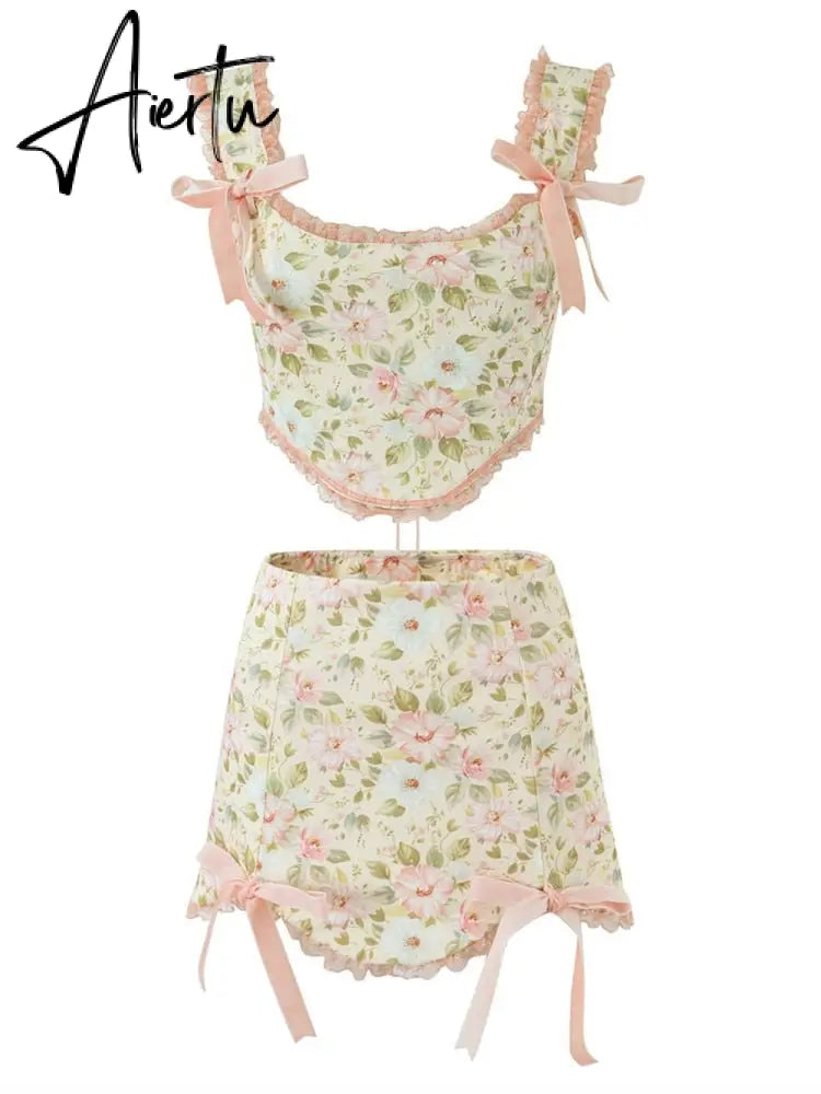 Sexy Floral Print Bow Cross Lacing up Back Corset Wood ears Crop Top + High Waist Ribbon Asymmetric Mini Skirt 2 pieces 1 set Aiertu